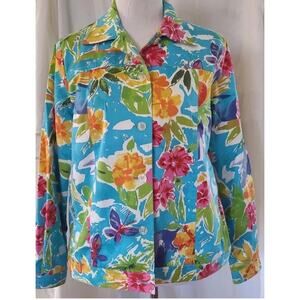 LAURA ASHLEY Jacket Bright Colorful Tropical Sequin Print Size Medium Petite